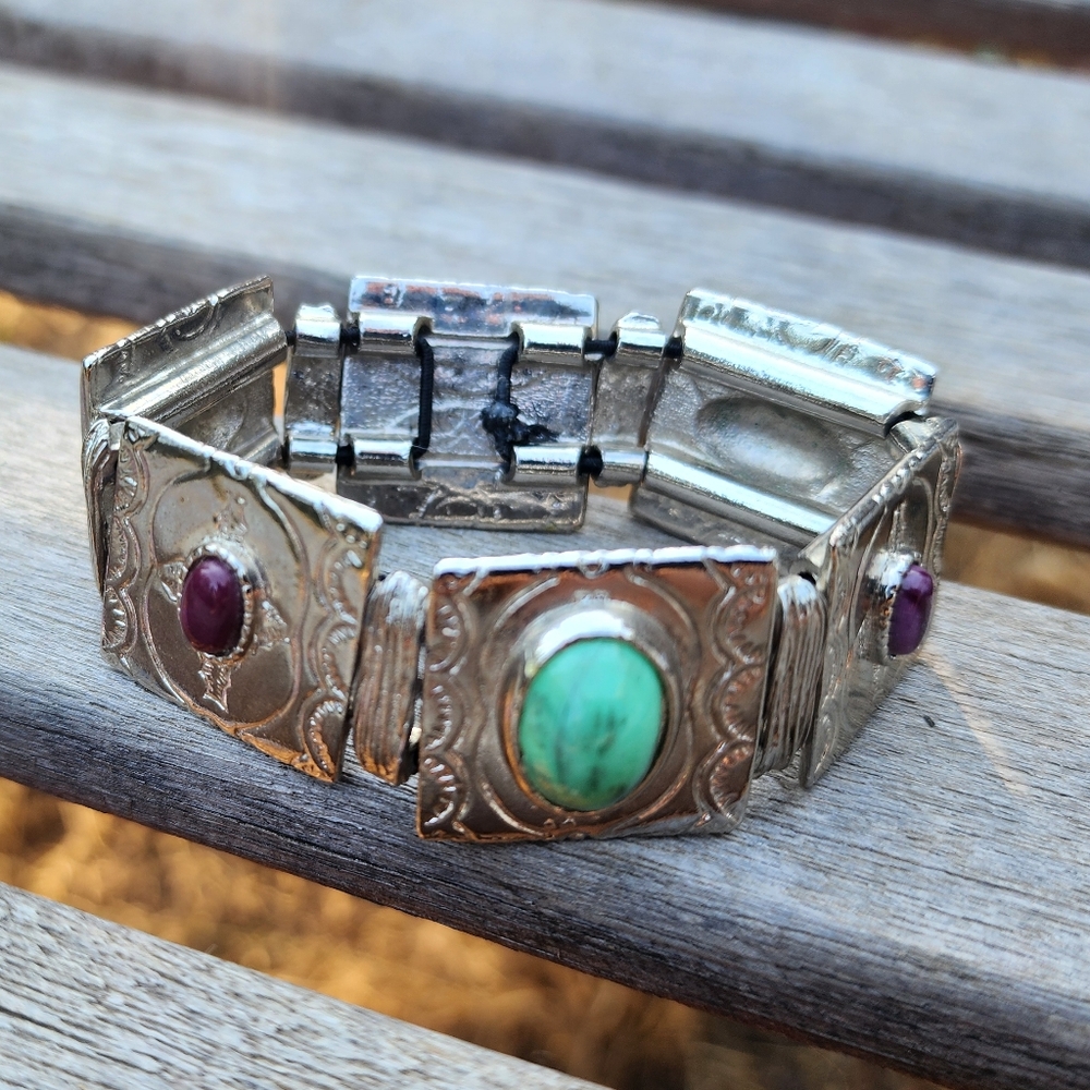 Silver Bracelet with Turquoise and Purple Accents